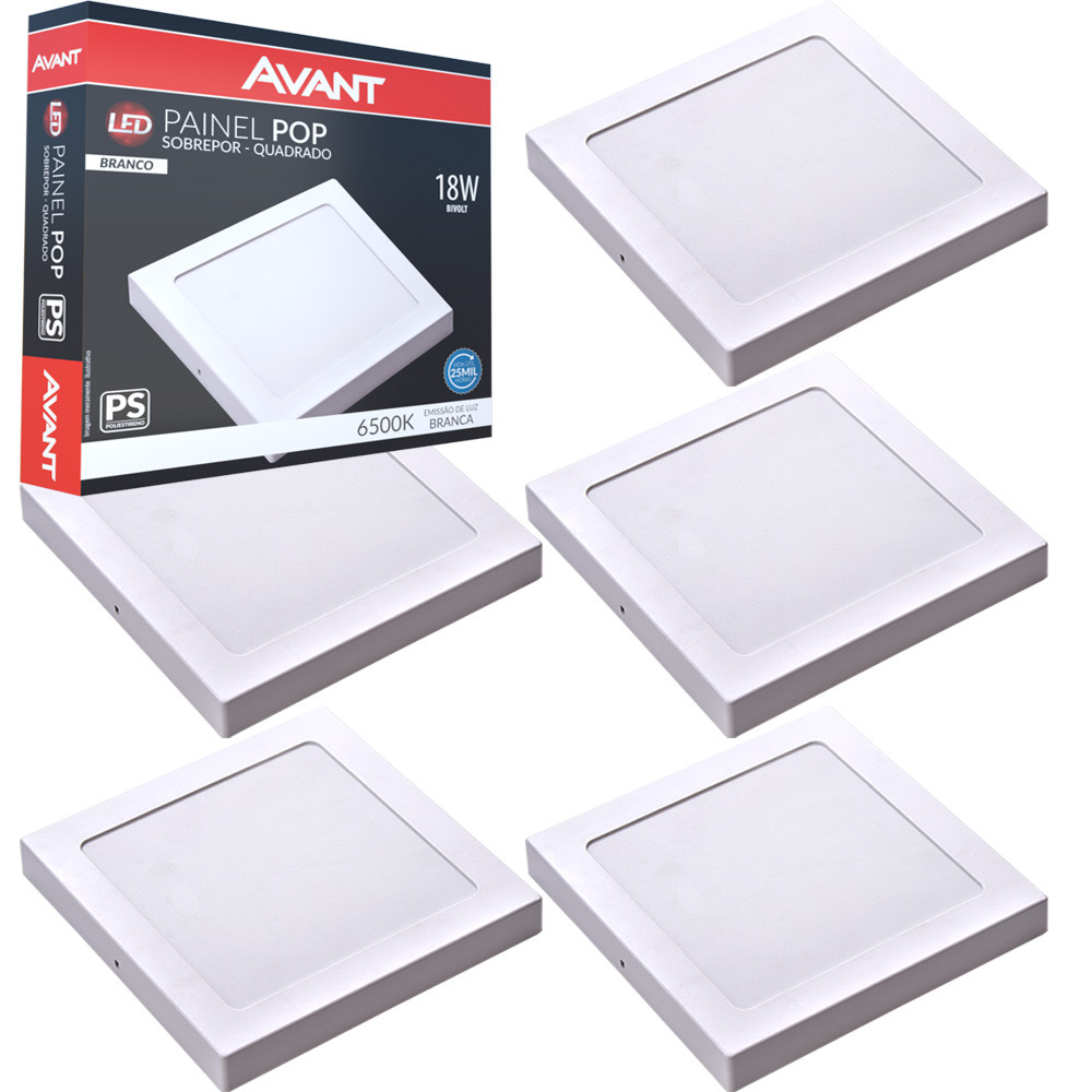 5 Painel Quadrado Sobrepor 18w Luz Branca 6500K Bi