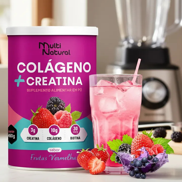 Colágeno + Creatina e Biotina Sabor Frutas Vermel