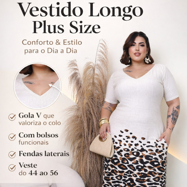 Vestido Feminino Longo Gola V  Pus size Moda Evang