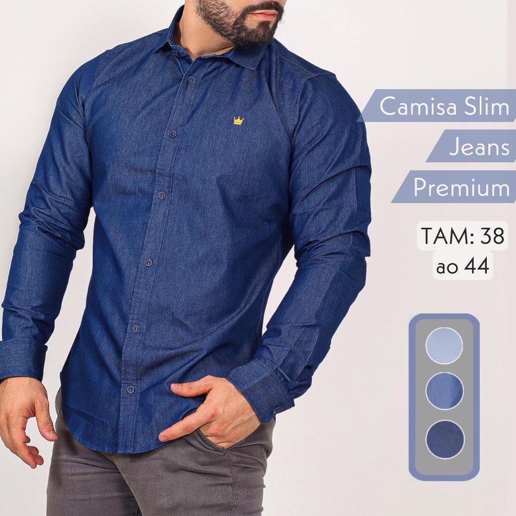 Camisa Social Masculina Jeans Manga Longa Slim 100