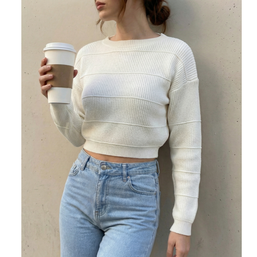 Blusa Cropped Feminino Tricot Manga Longa Grosso B