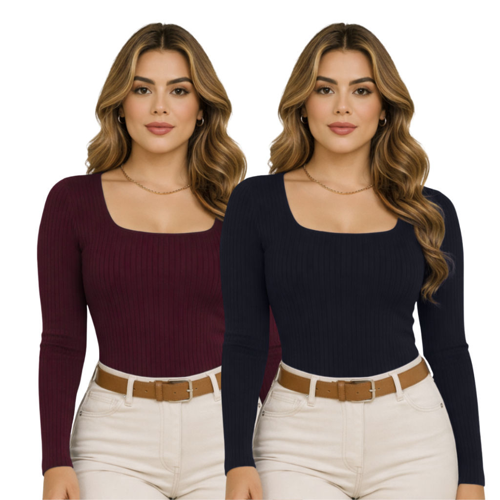 Kit C/2 Blusa Canelada Blusinha Feminina Decote Qu