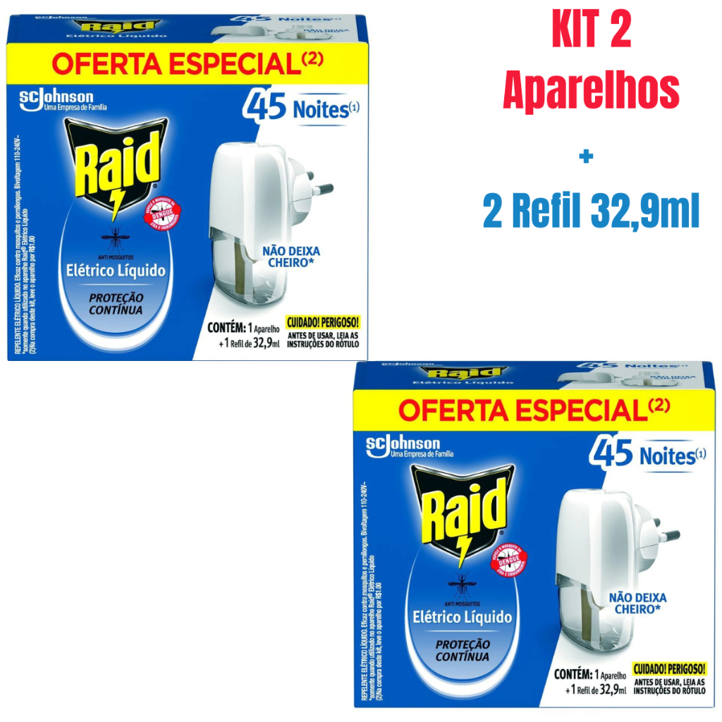 Kit 2 Aparelho Repelente Raid Elétrico + 2 Refil 