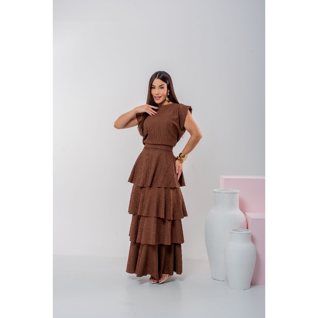 Conjunto Feminino Saia Longa Babados Blusa Gola Re