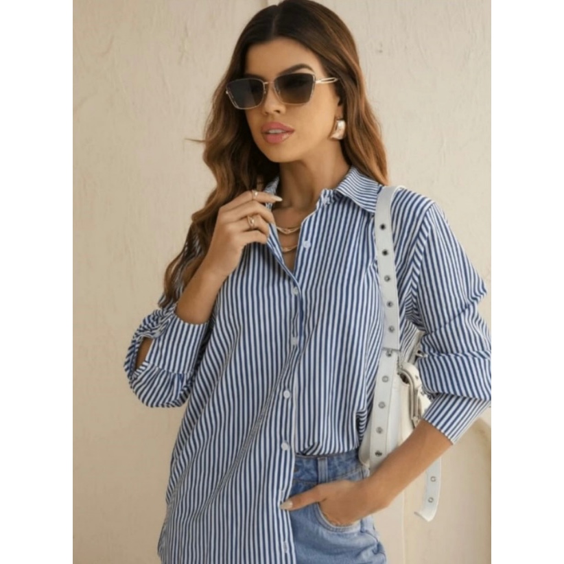 Camisa Social Feminina Listrada e Lisa Crepe Premi