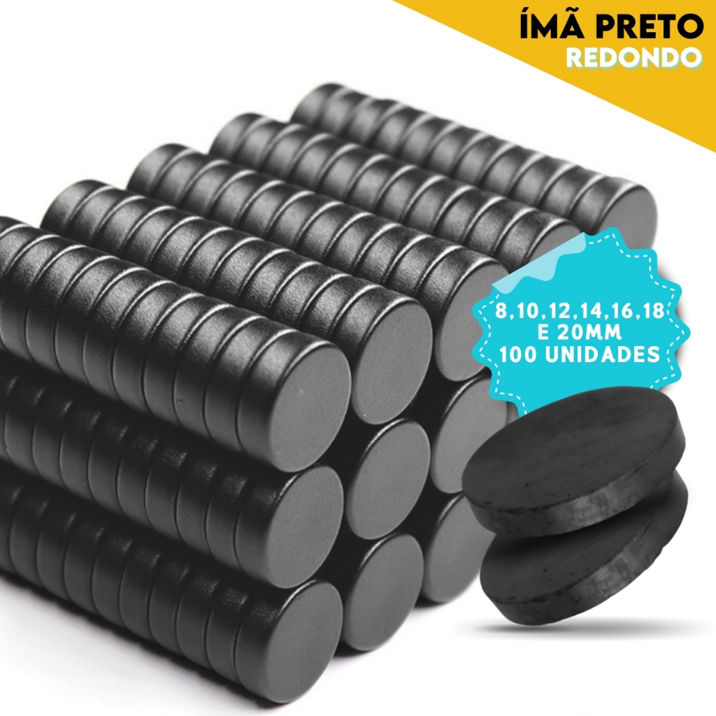 Kit 100 Ímãs Pretos Redondos Ferrite  Vários Ta
