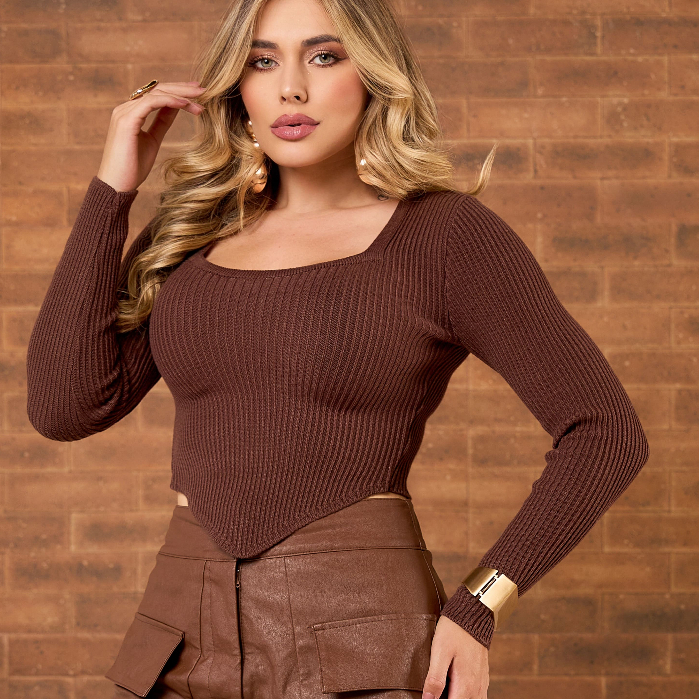 Blusa Manga Longa Modal Canelado Detalhe Bico Deco