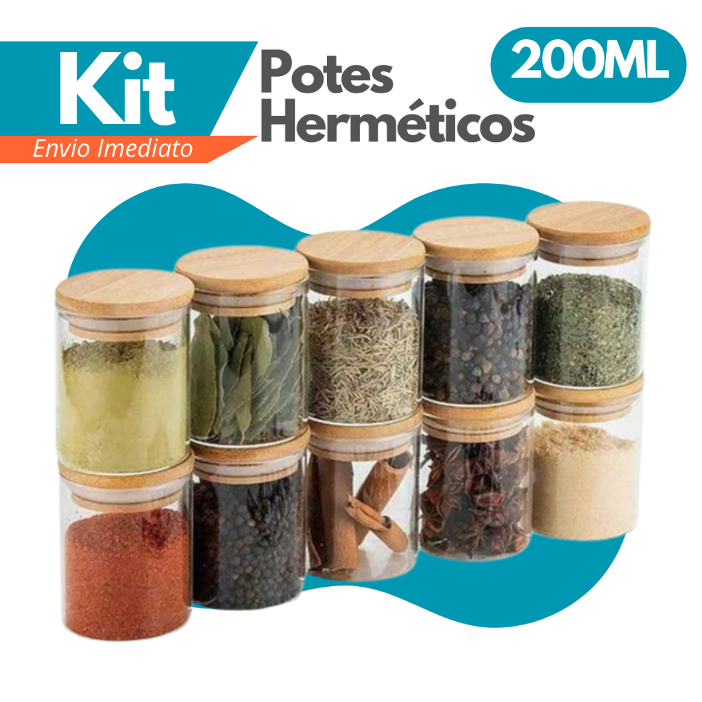 Kit 6 Potes de 200ml em Vidro Borossilicato C/ Tam