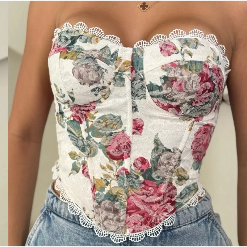 Corset  Floral Tomara que Caia com Bojo e Amarraç
