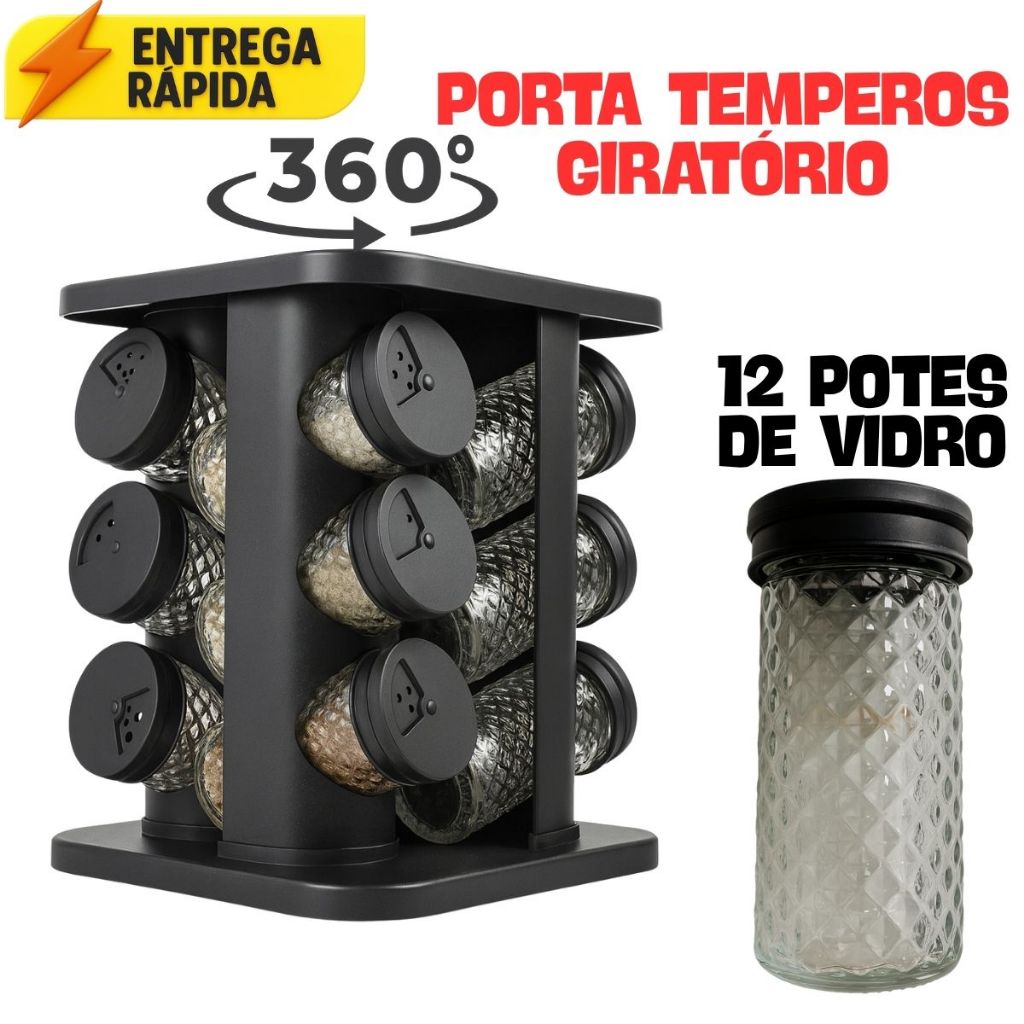 Porta Temperos Giratório 360° com 12 Potes de Vi