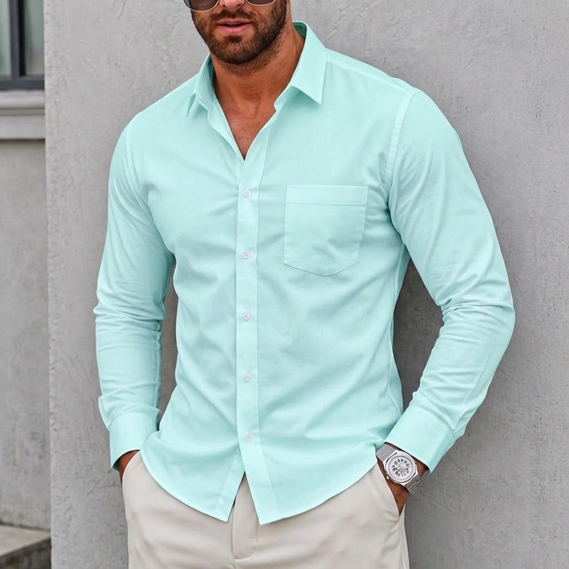 Camisa masculina de manga comprida com gola redond