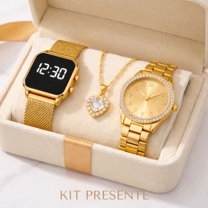 Kit Relógio Feminino Dourado 3 em 1 LED Digital +