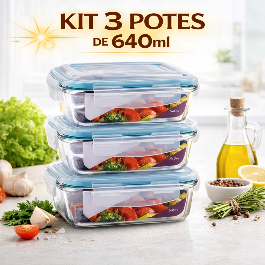 Kit 03 Pote 640ml Vidro Hermético Marmita Mantime