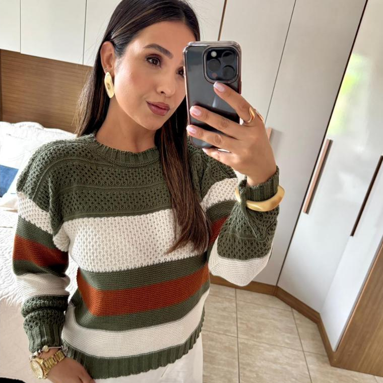 Blusa Feminina de Frio Listrada de Tricot Lã Mang