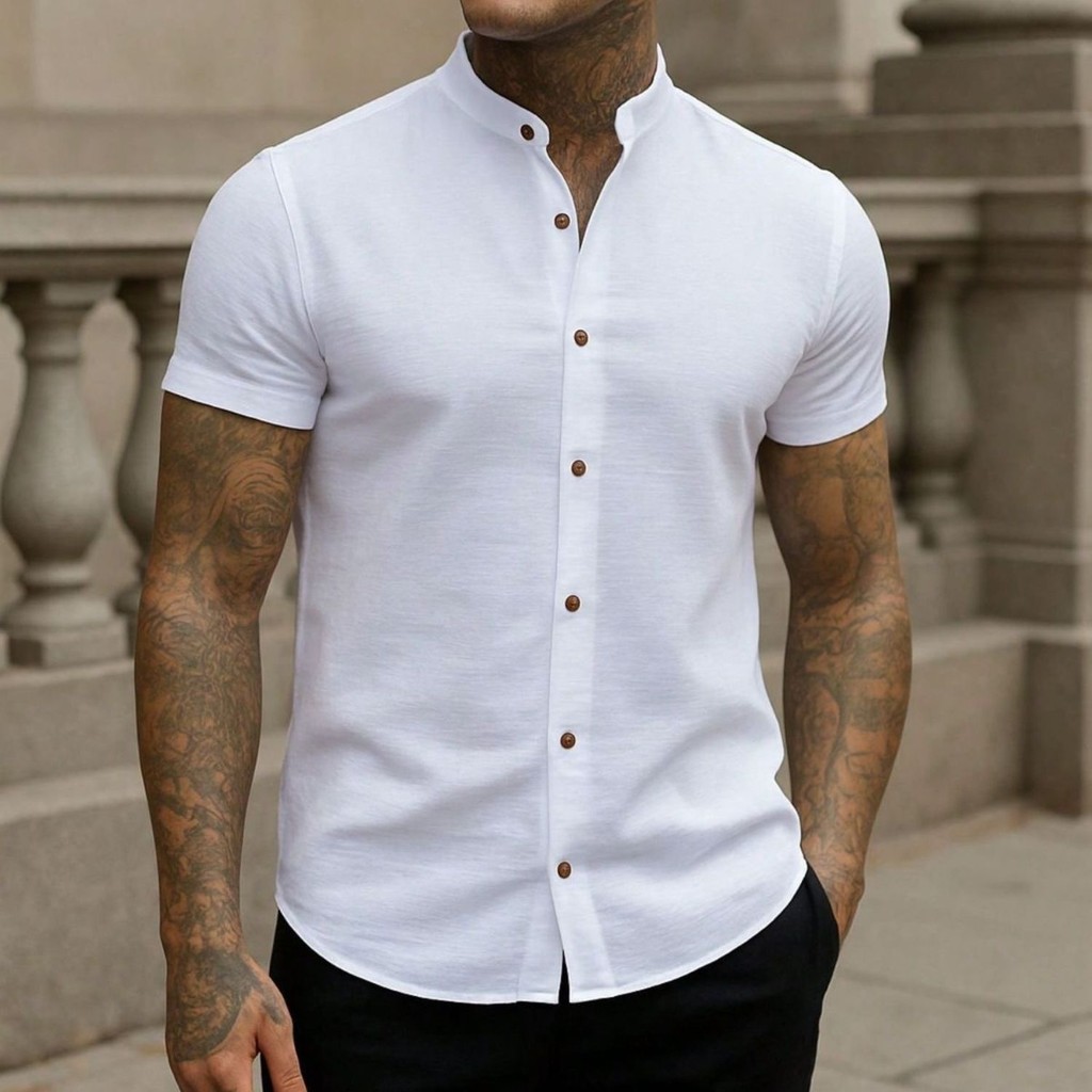 Camisa Social Masculina Linho Gola Padre Manga Cur