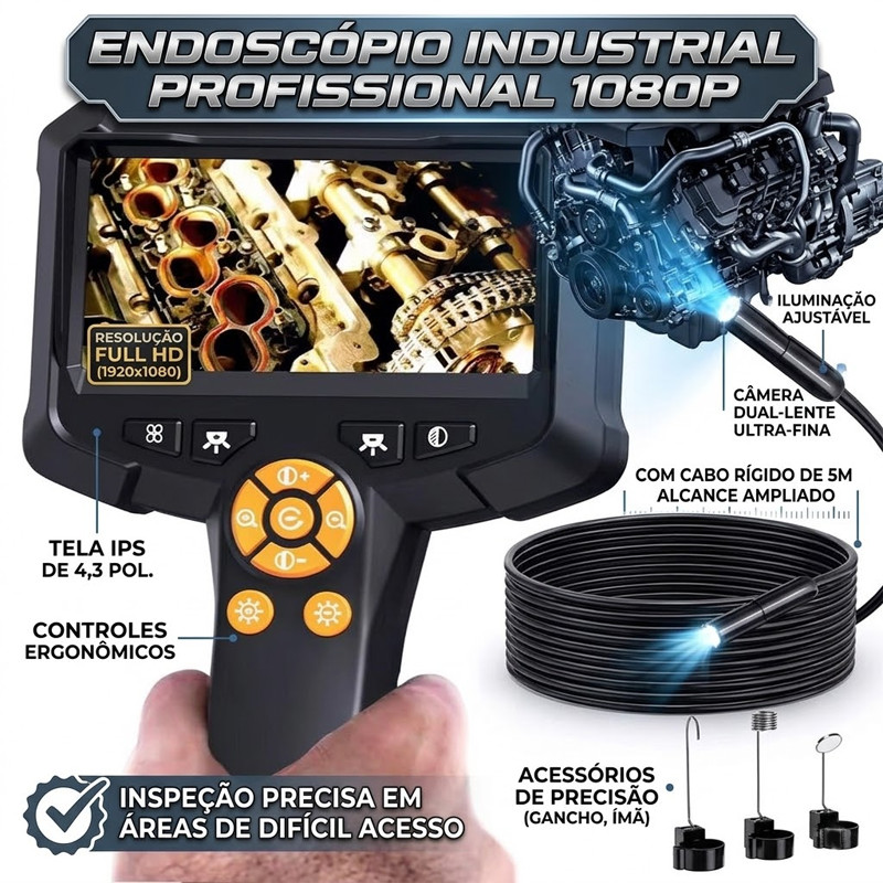 Endoscópio Industrial Com Câmera 1080p Tela 4.3 
