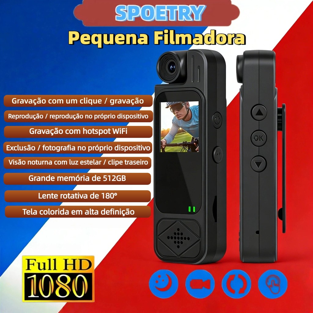 Mini filmadora portátil esportiva 1080P HD com vi