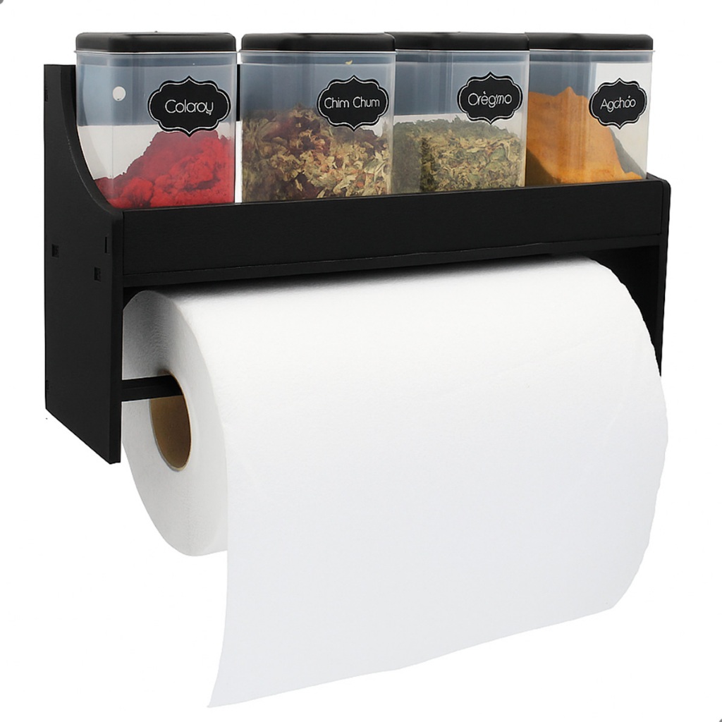 Porta Tempero MDF Preto Suporte Papel Toalha Pared