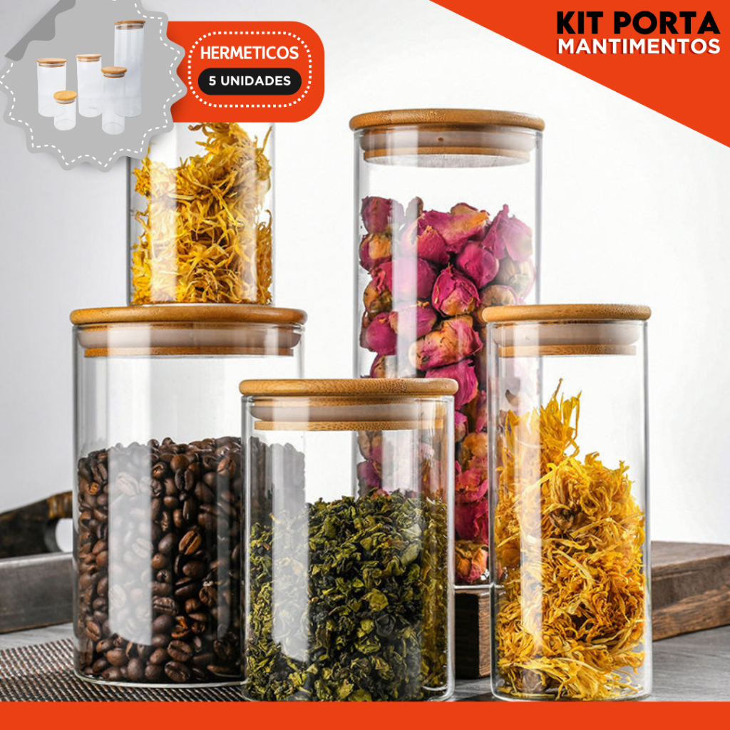 Kit 5 Porta Mantimentos Herméticos de Vidro Tampa