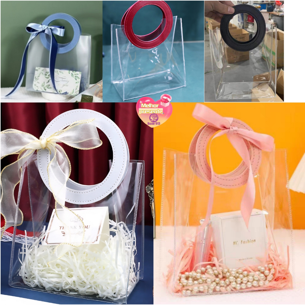 10 Bolsas de Presente Transparentes Alça Redonda 