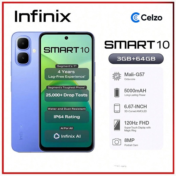 Smartphone Infinix Smart 10 4G Tela 6.67 3GB+64GB,
