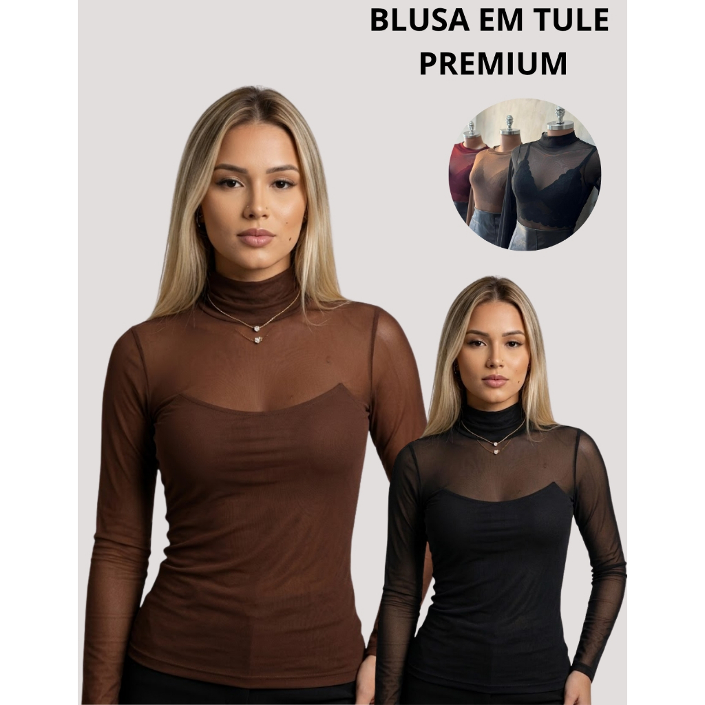 Blusa Tule Feminina Gola Alta Manga Longa Transpar