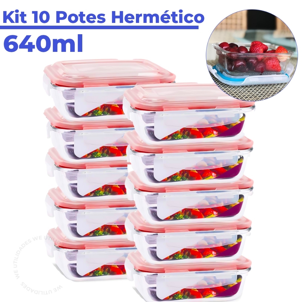 Kit 10 ou 5 Pote de Vidro Hermético  Retangular 6