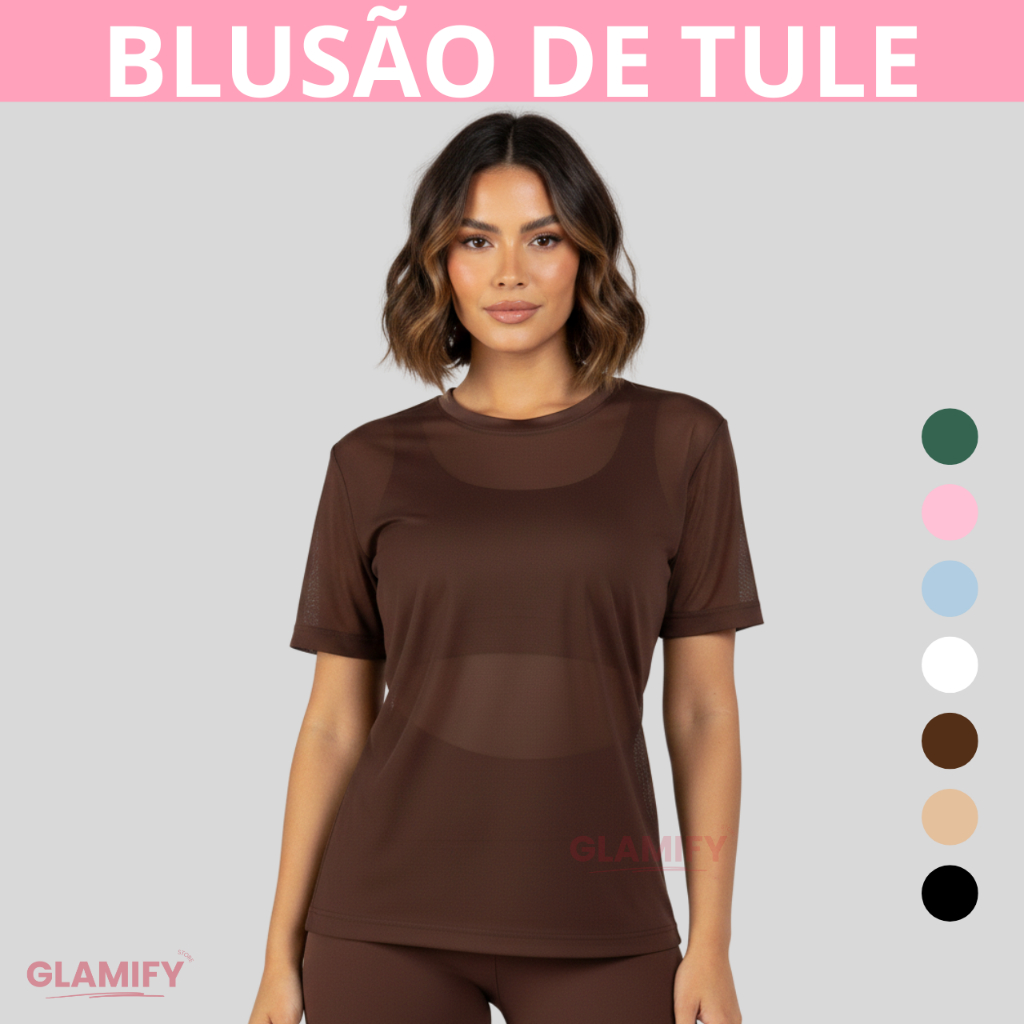 Blusa feminina Transparente de Tule Camisetão de 