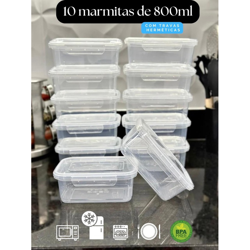 Kit 10 Marmita Potes 800ml com Travas Laterais BPA