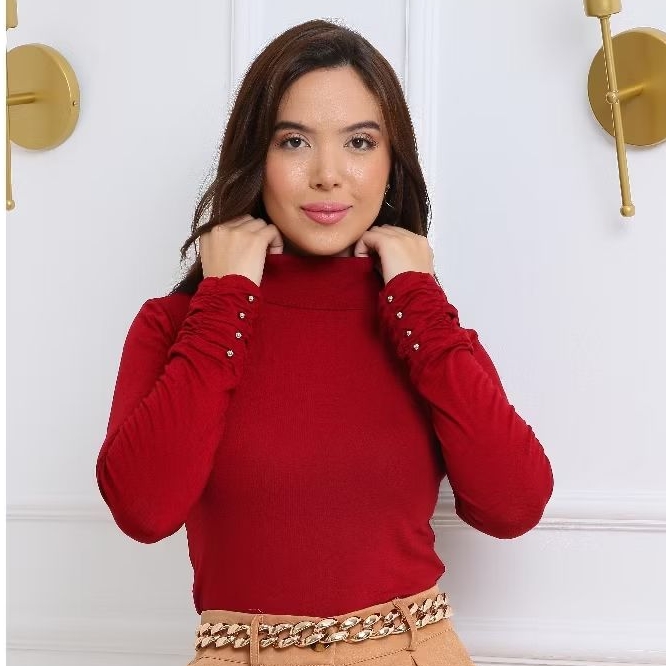 Blusa Cacharrel Gola Alta Manga Longa Punho Detalh