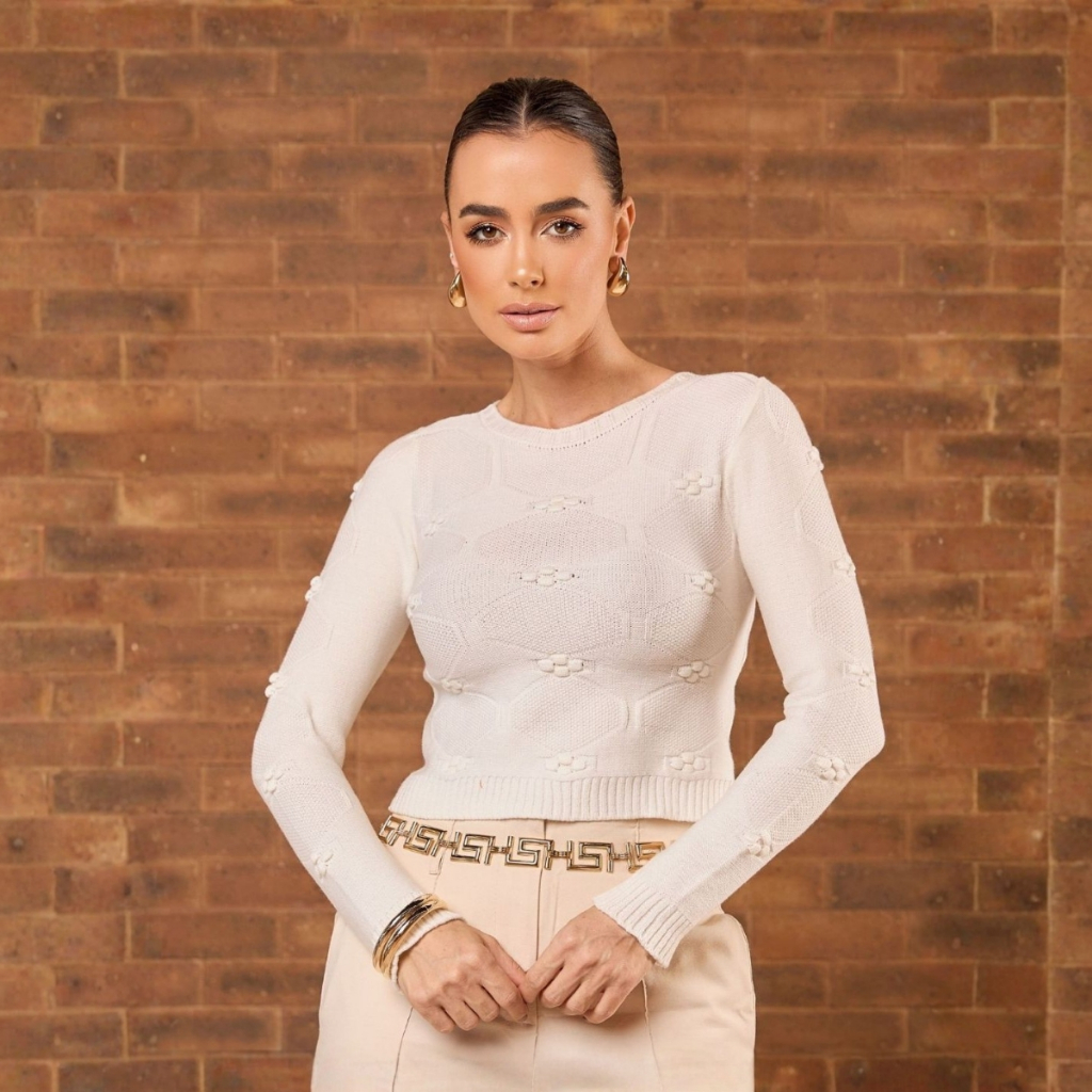 Blusa Feminina Cropped Tricot Manga Longa Flor Mod