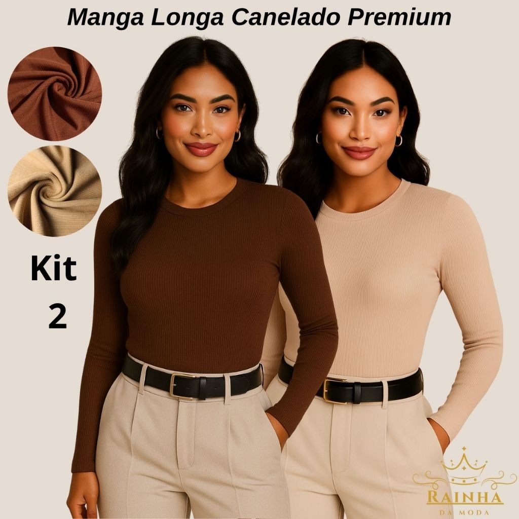 Kit com 2 Blusa Feminina Manga Longa Segunda Pele 