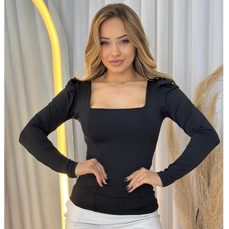 Blusa Feminina Manga Longa  Decote Quadrado Manga 