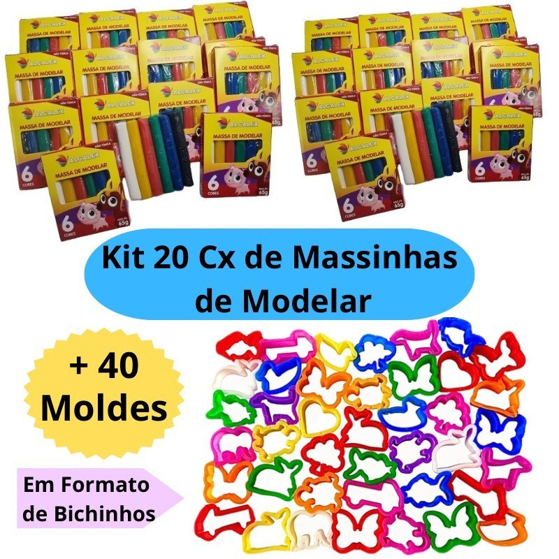 Kit 20 Cx Massinha de Modelar + 40 Molde Cortador 