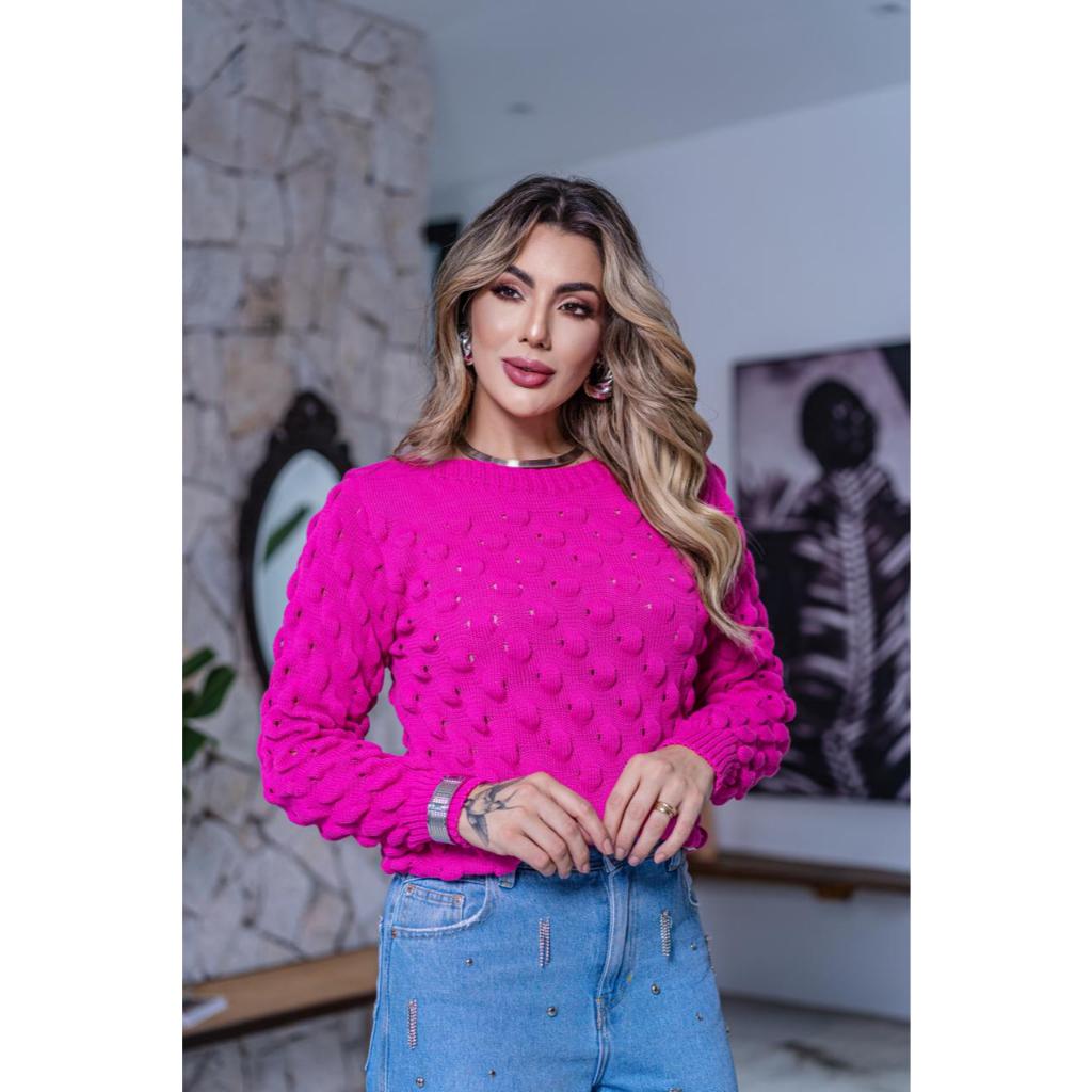 Blusa Mel Tricot Bola Blusinha Crochê Moda Femini