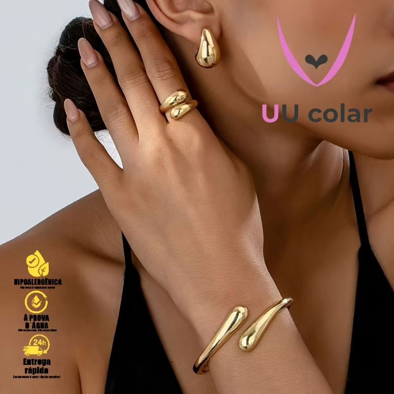 Elegância Dourada: Conjunto de pulseira, anel e b
