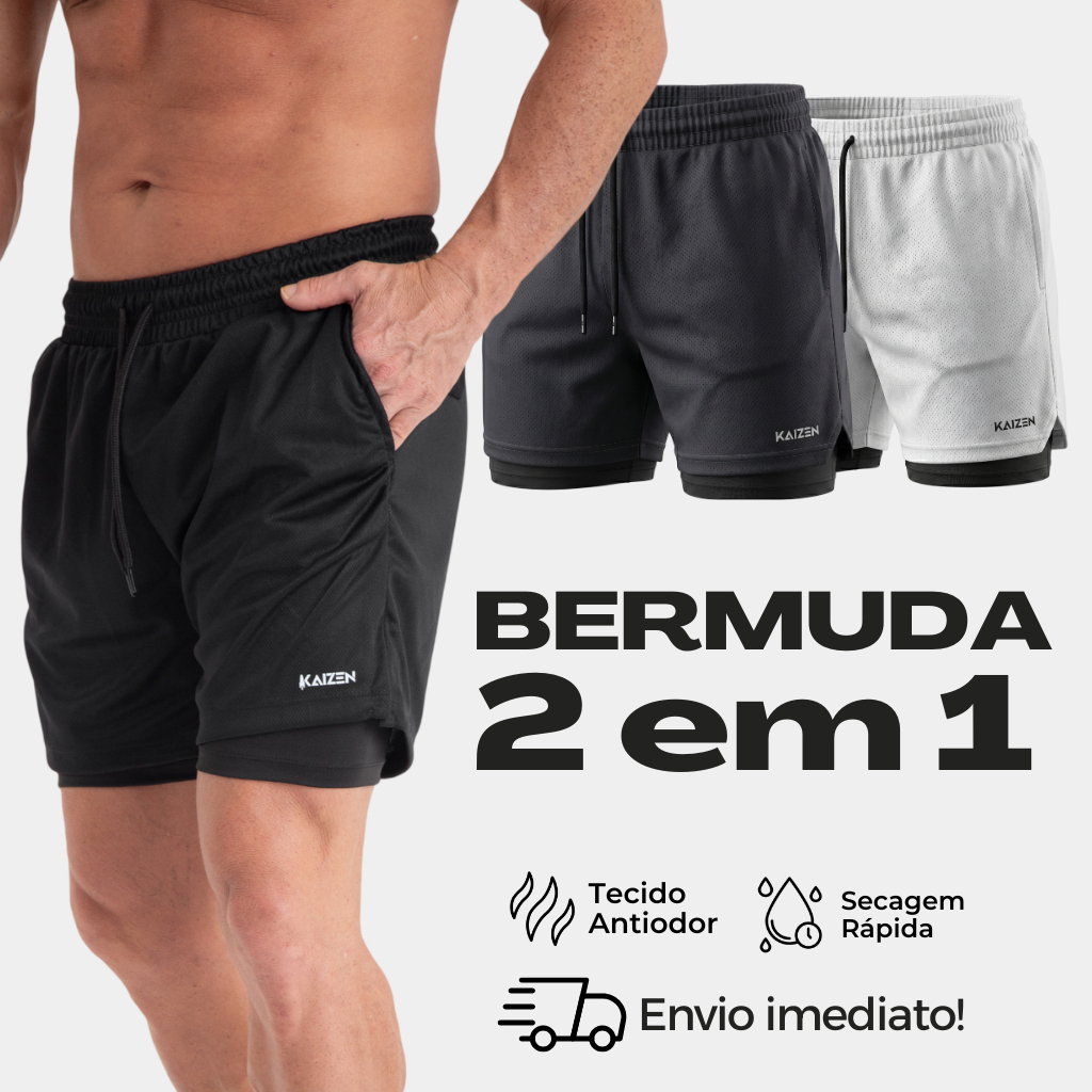 KIT 2 BERMUDAS 2 EM 1 KAIZEN  FIT COM PROTEÇAO UV