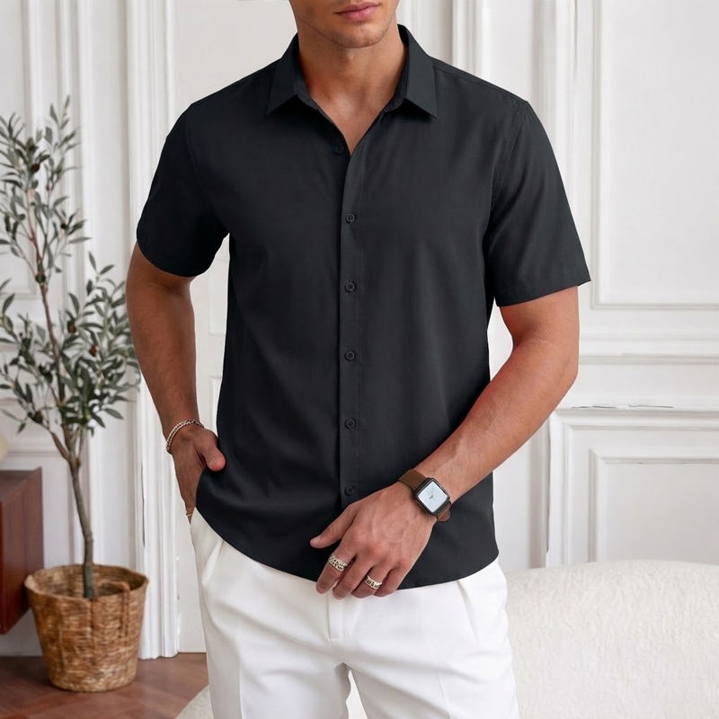 Camisa Social Masculina Lisa Slim Fit Manga Curta 