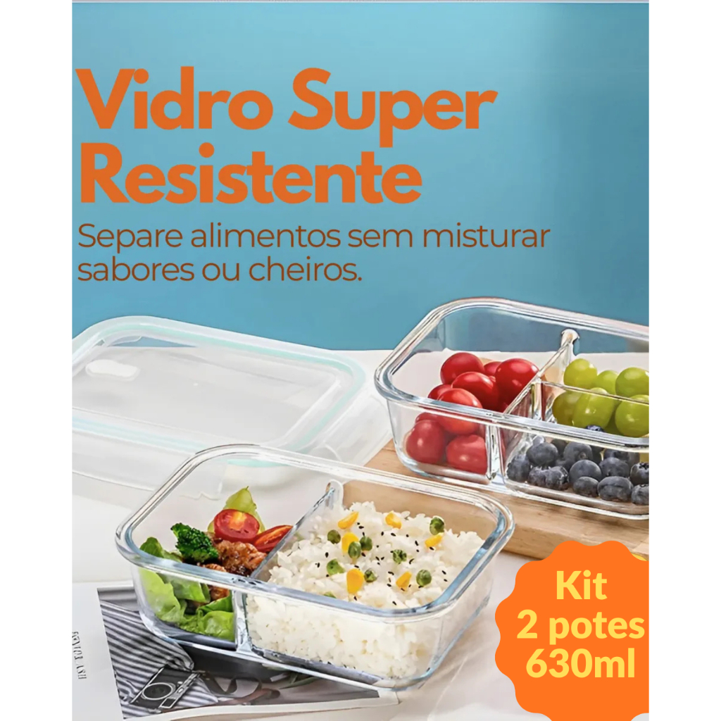 Kit 2 Potes de Vidro 630ml com Divisória e Travas