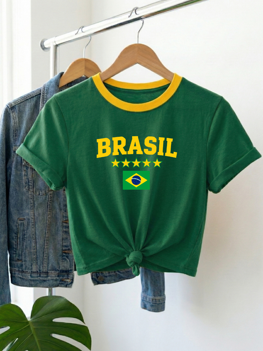 Cropped Camiseta Brasil Copa Blusinha Baby Tee Dry