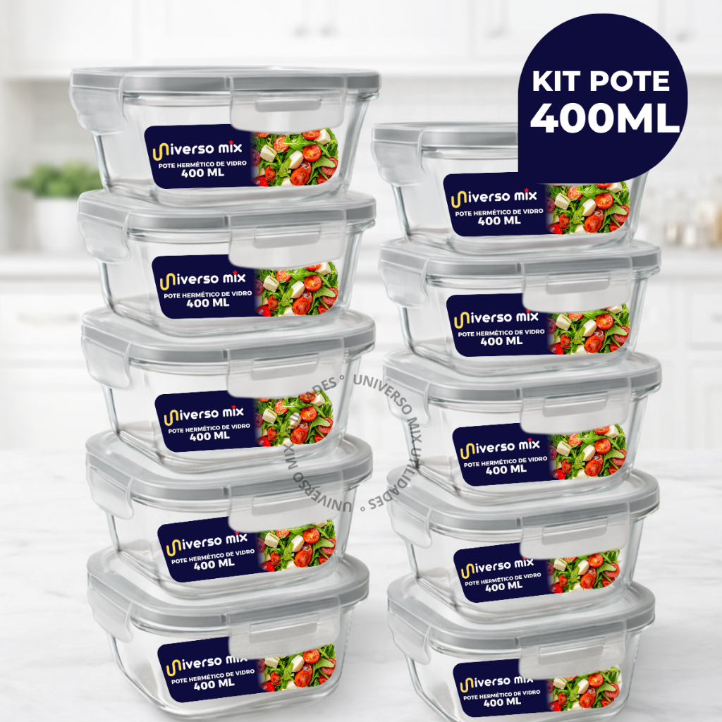 Kit 10 ou 5 Potes Vidro Hermético 400ml Quadrado 