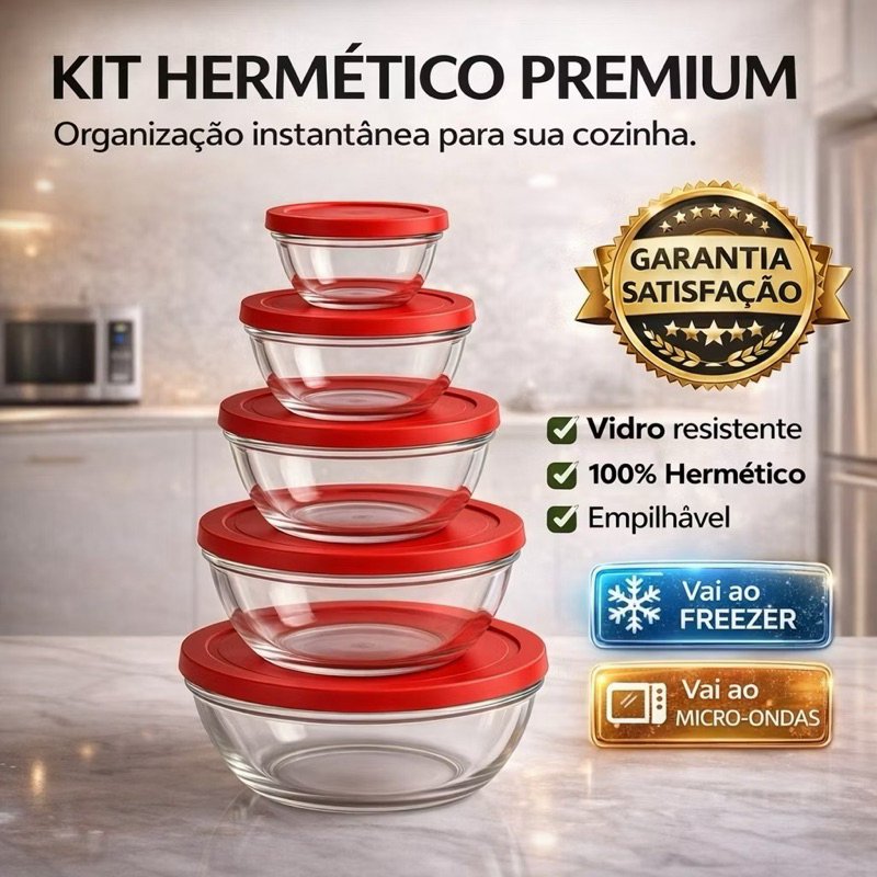 Kit 5 Tigelas de Vidro Tampas Hermeticas Potes de 
