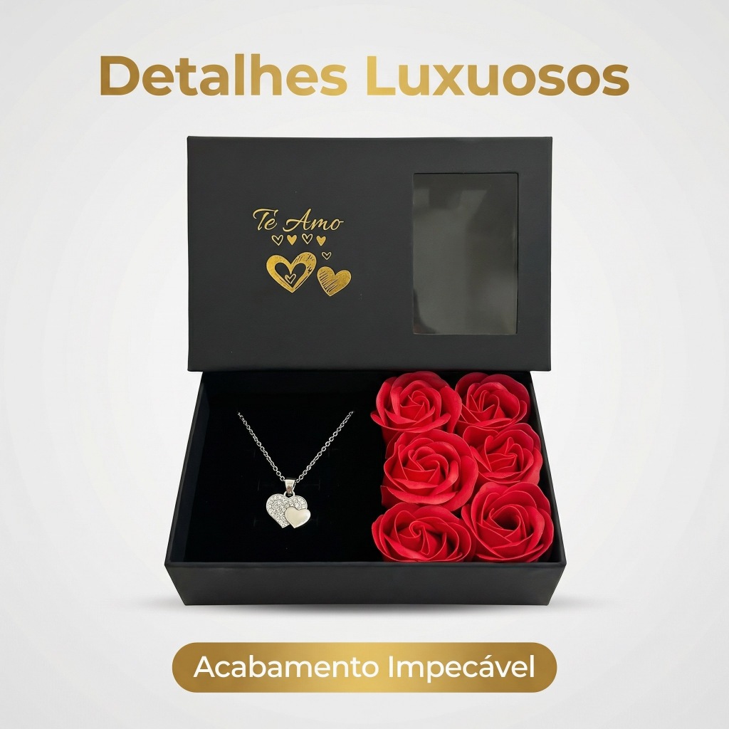 Colar com Pingente Coração + Caixa de Rosas  Pre