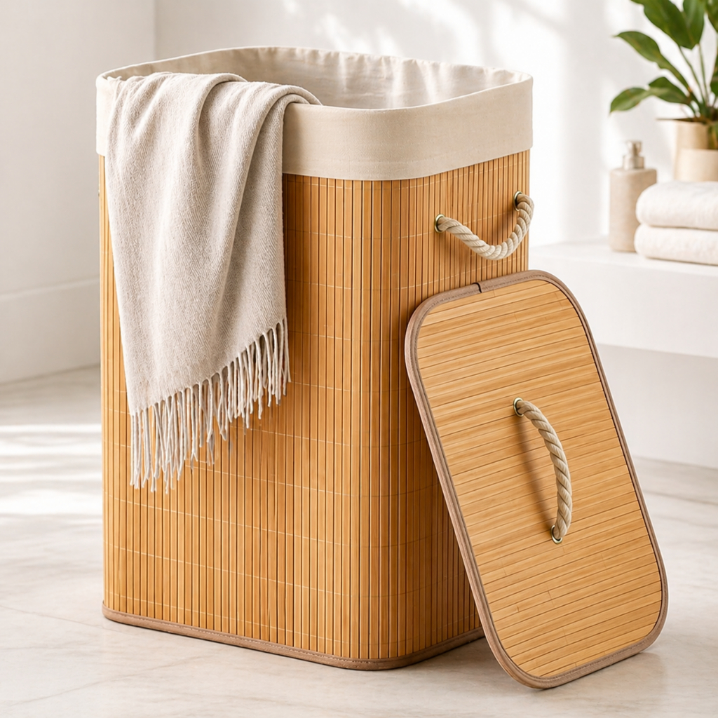 Cesto De Roupa de Bambu Dobravel Organizador Forra