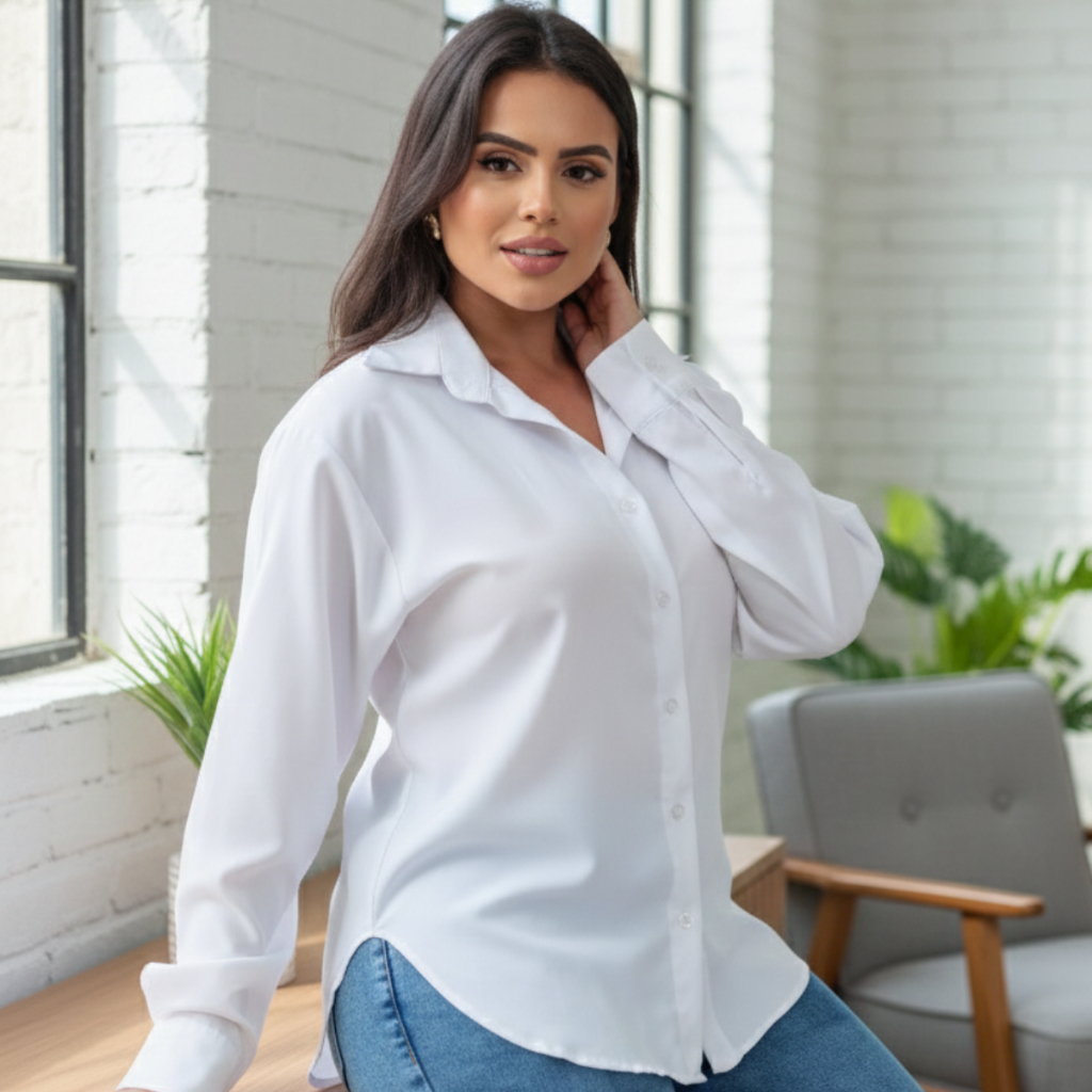 Camisa Camisete Social Feminina Manga Longa Oversi