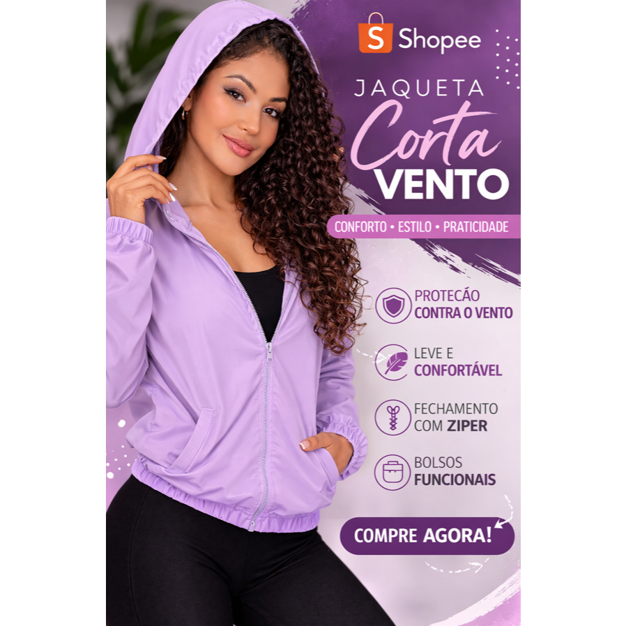 Jaqueta Feminina Leve Corta Vento com Capuz e Bols