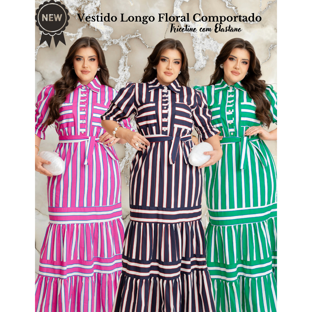 Vestido Longo Listrado Com Faixa Comportado Moda E