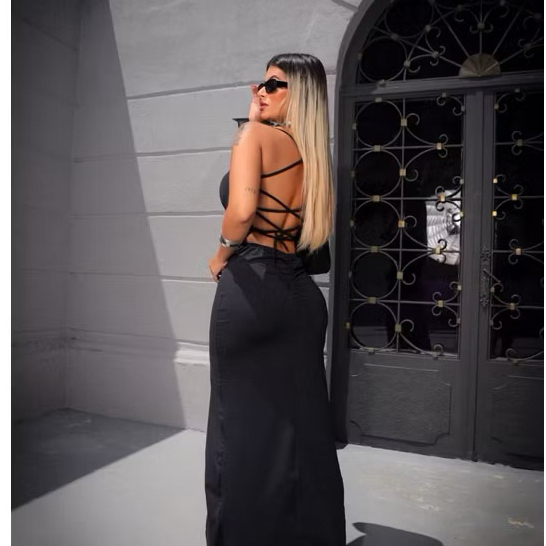 Vestido Colado Longo Suplex com Fenda Costas Nuas 
