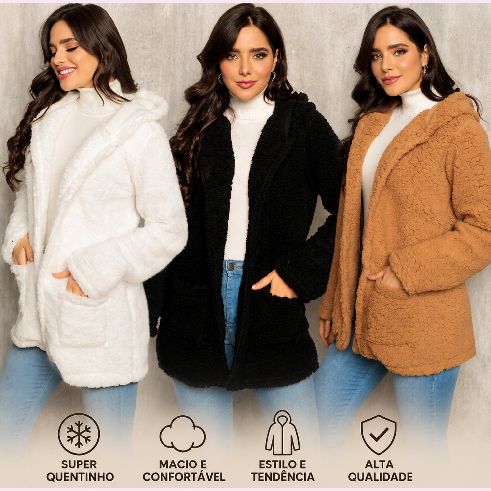 Casaco Teddy Feminino Pelúcia Tipo Pele de Carnei