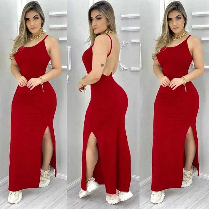 Vestido Longo Feminino Alcinha Fina ,Costa Nua com